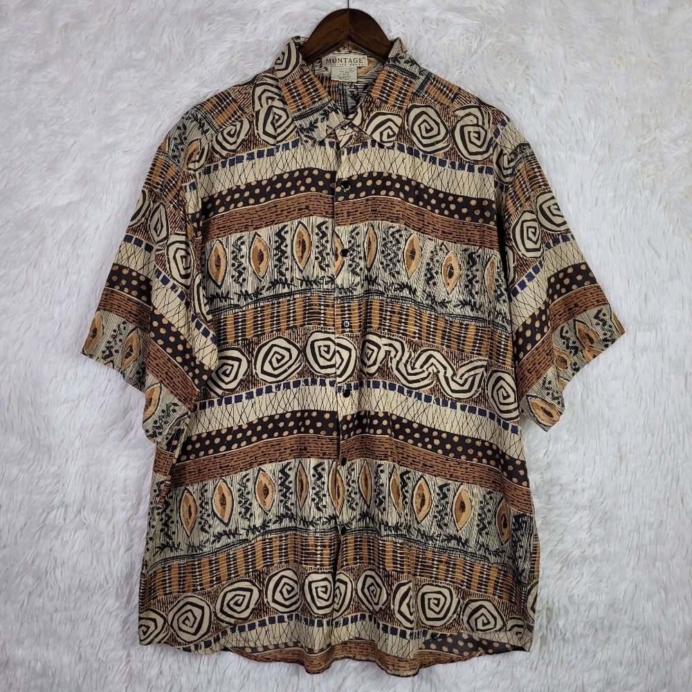 Vtg Lg Montage Mens 100% Silk Geometric Shirt Patchwork 90s Resortwear